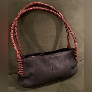 Fossil Black Pebbled Leather Shoulder Bag with Brown Braided Leather Handles